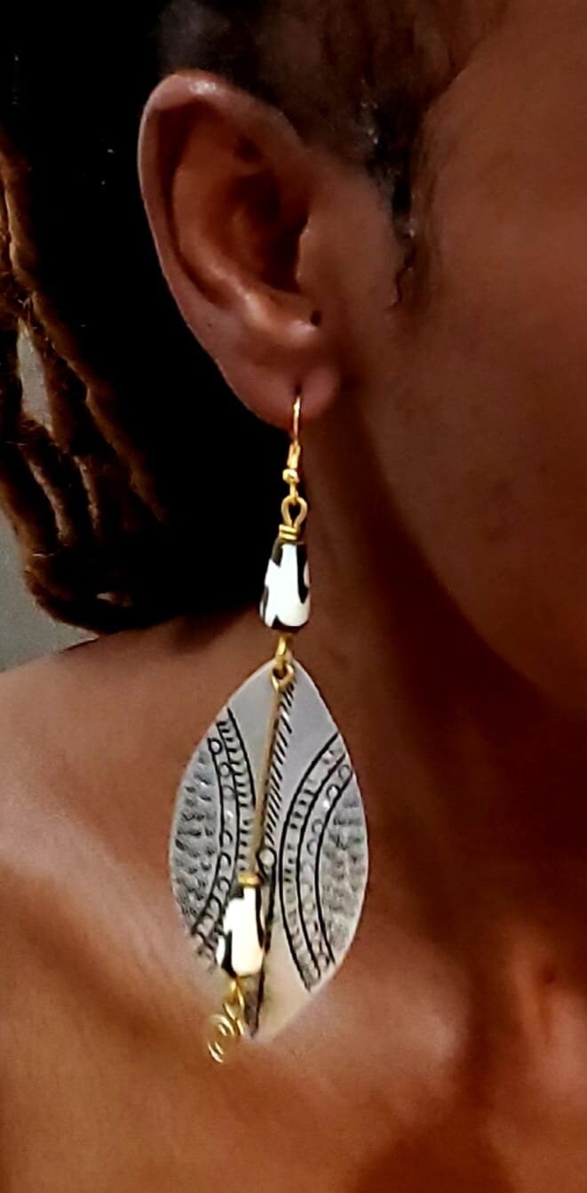 Beautiful Handmade dangling, Bone and Metal Earrings.