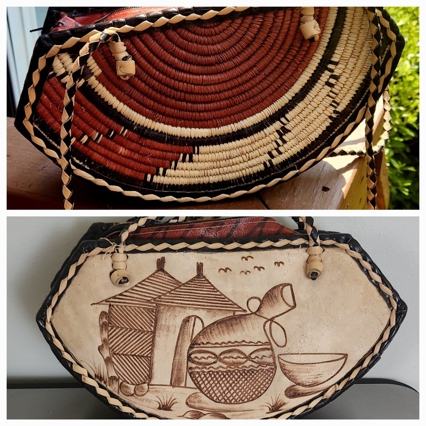 Small Round Bottom Burkina Rafia Purse/African Rafia Bag. Front Leather Art and Zipper Closure.