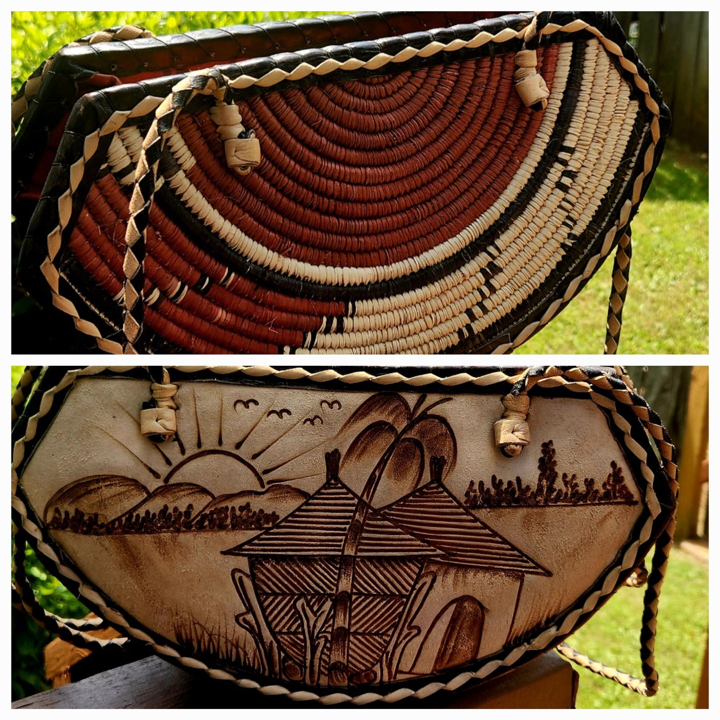 Small Round Bottom Burkina Rafia Purse/African Rafia Bag. Front Leather Art and Zipper Closure.