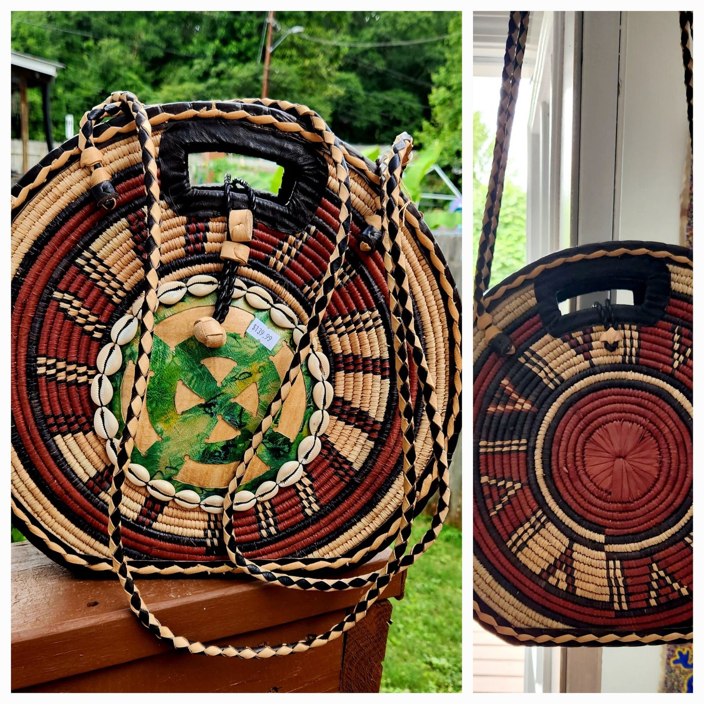 Burkina Flat Bottom Rafia Purse/African Rafia Bag/ Handcraftedin Burkina Faso. Front Leather Art and Zipper Closure with a handle.