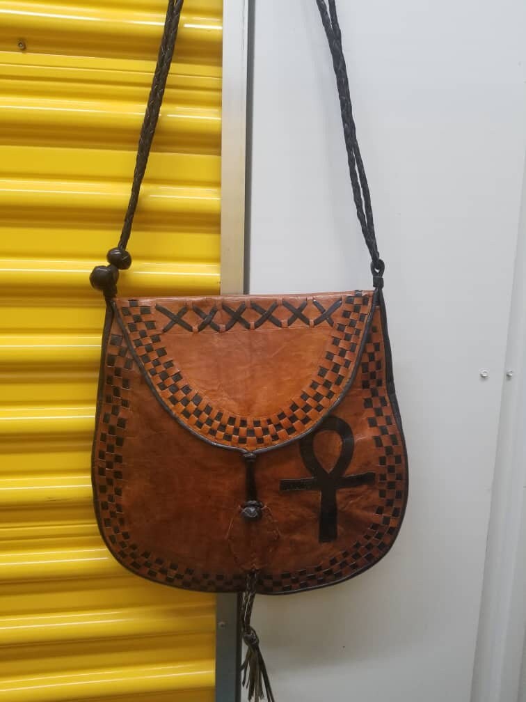 Minala Handcrafted Ethnic Crossbody Bag/Mali Dogon Hunter Bag/Tuareg Leather Bag/Egyptuan Ankh Leather Bag.