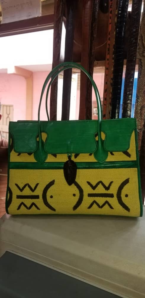 Mudcloth Leather Tote Purse/Leather handbag. H 11"× L 13" x W 7"
