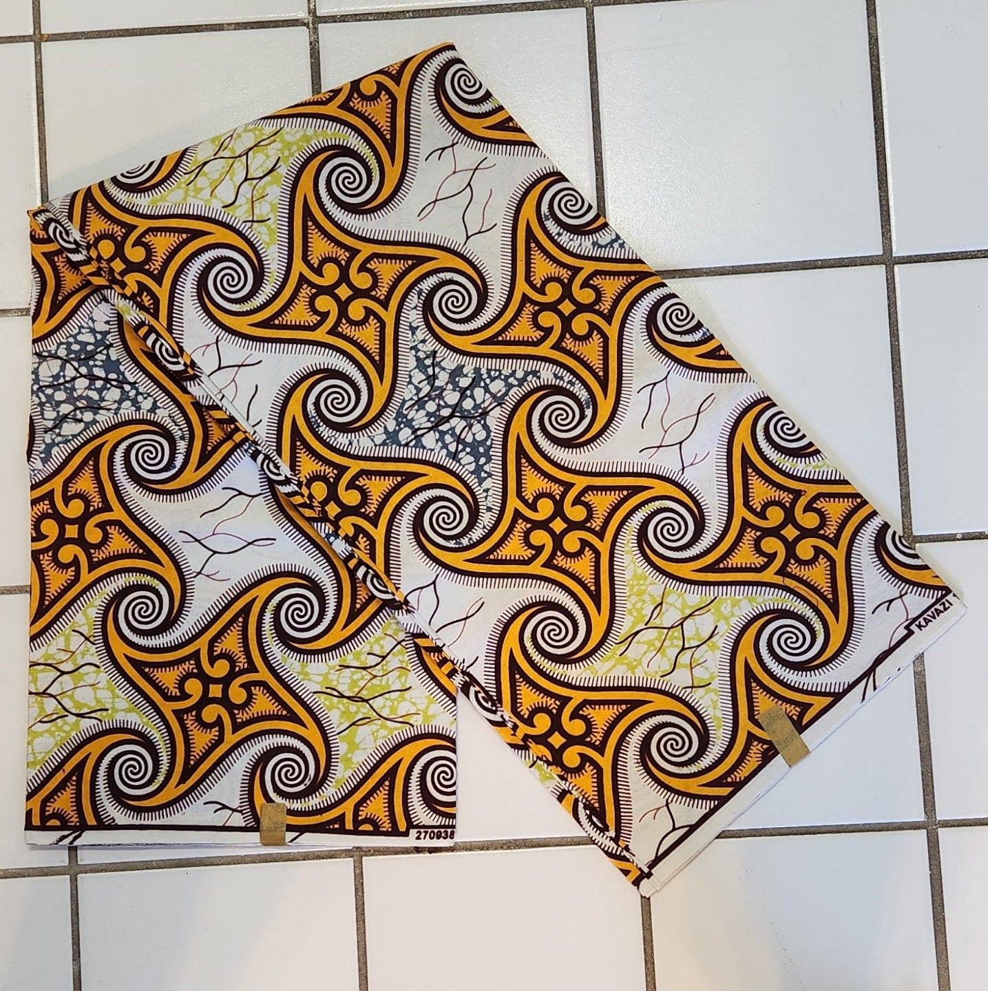 Gold & White Swirl Ankara Fabric, 100% Cotton African 6 Yard.