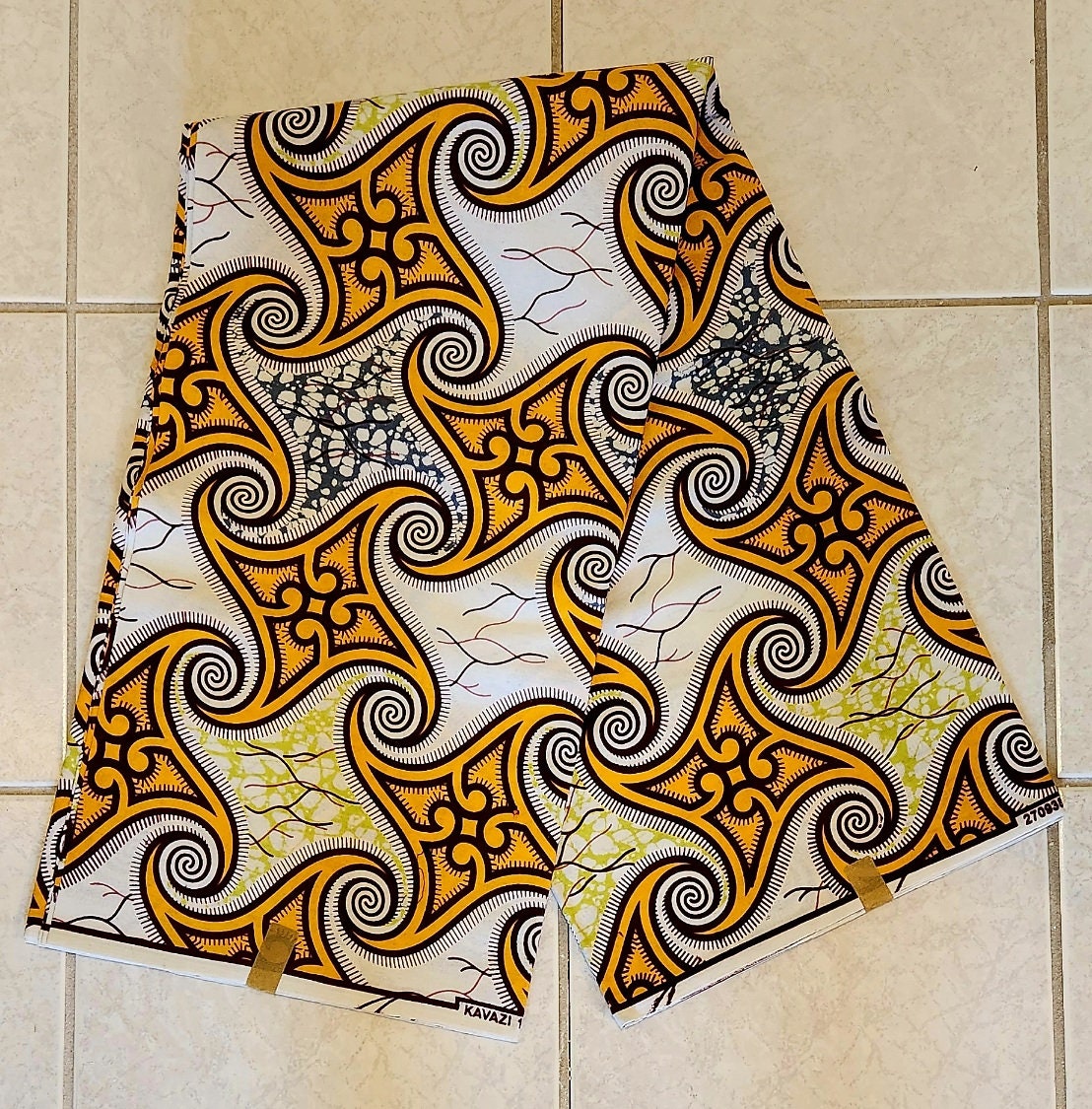Gold & White Swirl Ankara Fabric, 100% Cotton African 6 Yard.