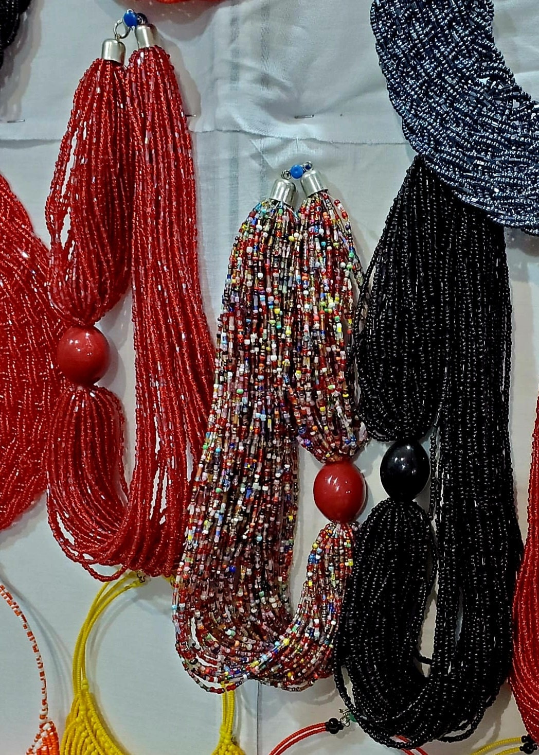 African Multi Strand Beaded Ethnic Necklace with a wooden button/Tuareg Tribal necklace made in Mali.