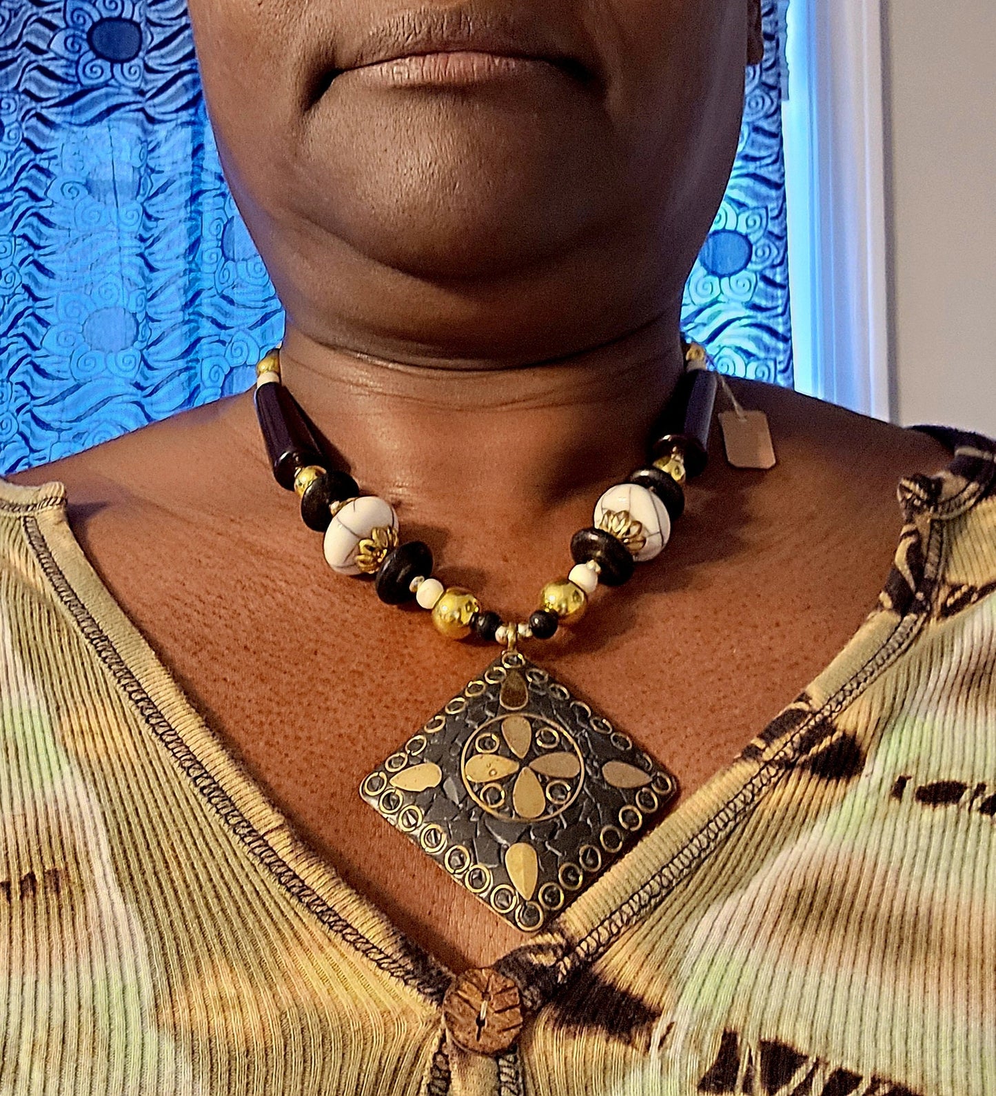 Colorful Stone & Brass Emblem Necklace set/Gift idea.