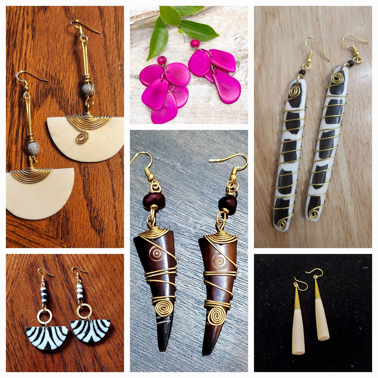 Bulk Holiday Sale Bone Earrings/African Dangling Drop Bone Earrings/6 Pairs Pack Assorted Christmas Special/Wholesale Statement Earrings.