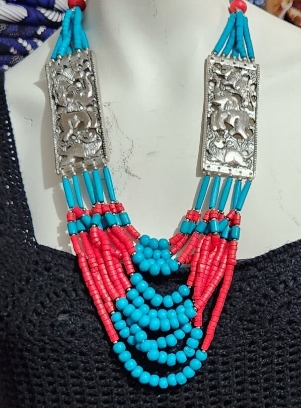 Multi Strand Long Indian Statement Necklace, 15 inches.