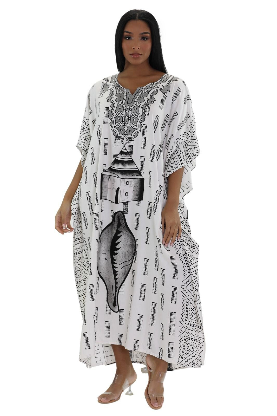 Black and White Rayon Kaftan/African Women Clothing/White Batik Rayon Kaftan/Women Caftan.