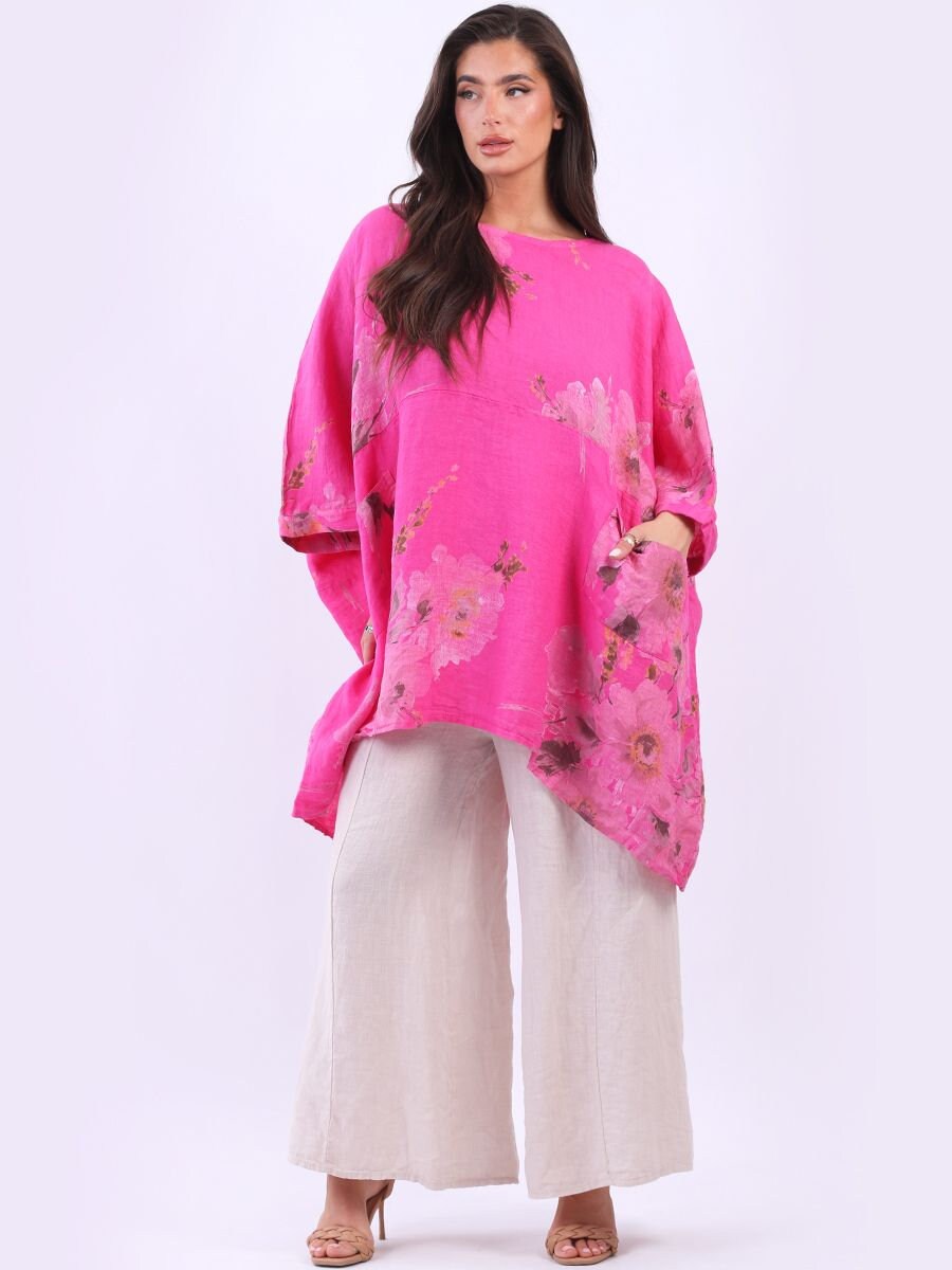 Italian Floral Print Linen Lagenlook Slouchy Top