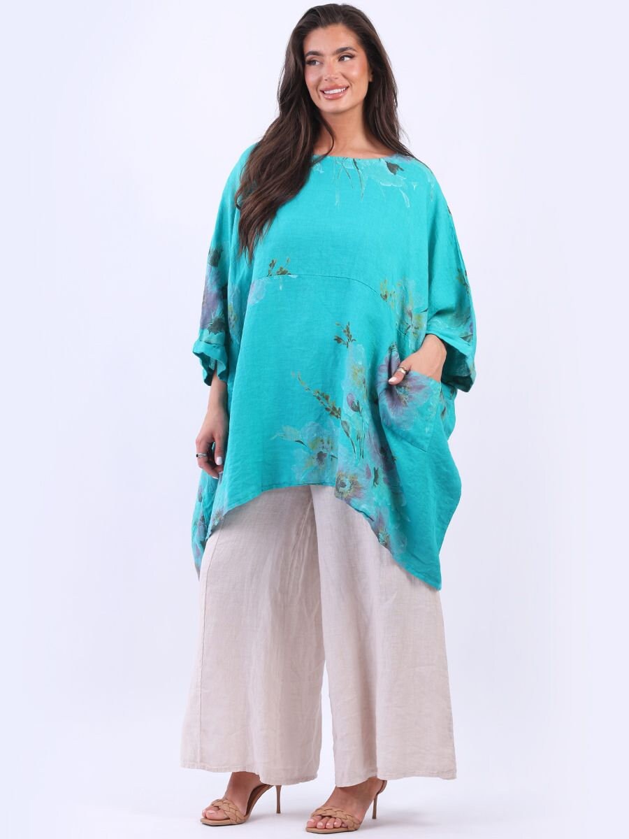 Italian Floral Print Linen Lagenlook Slouchy Top
