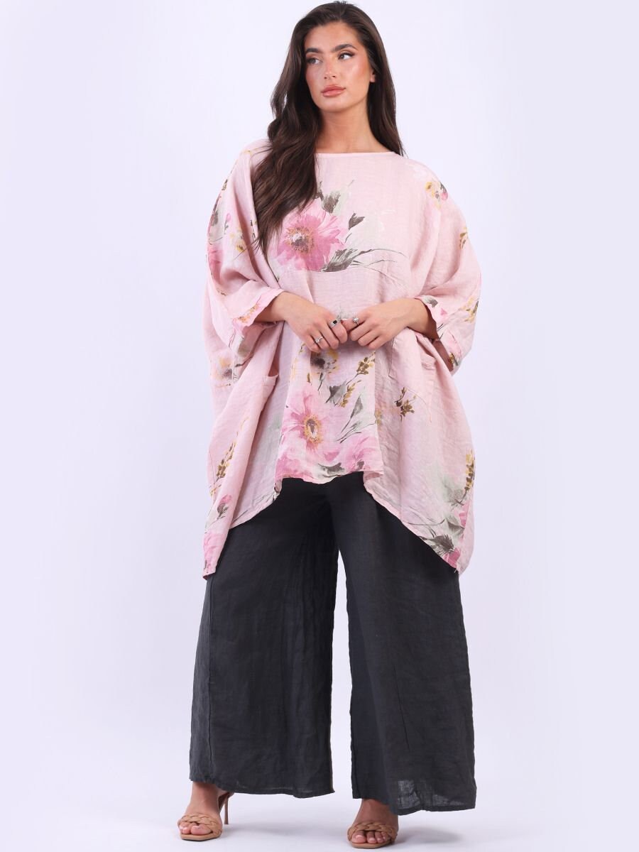 Italian Floral Print Linen Lagenlook Slouchy Top