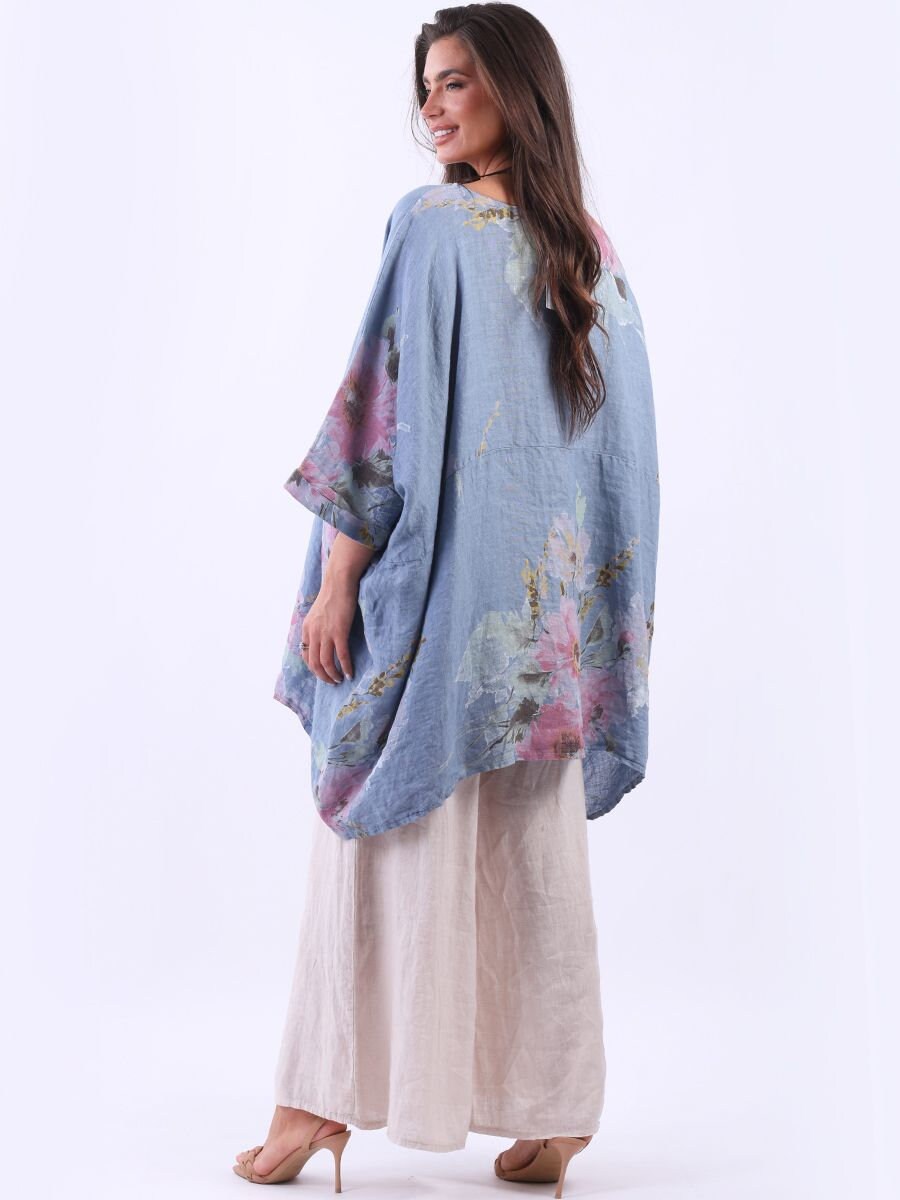 Italian Floral Print Linen Lagenlook Slouchy Top