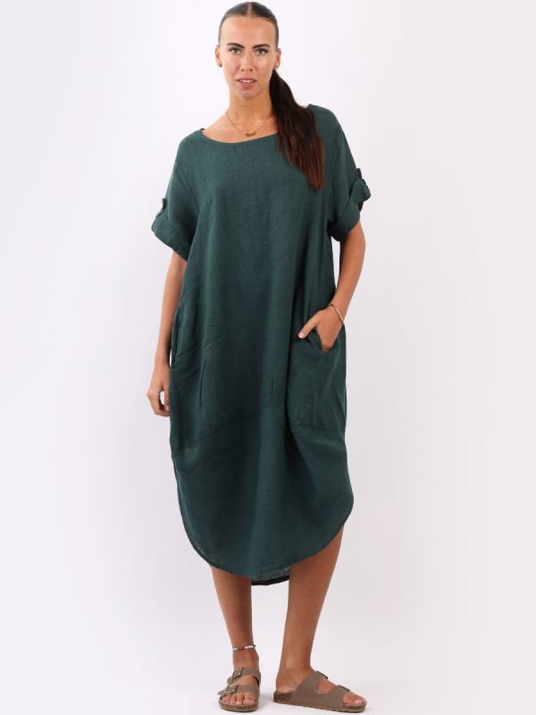 Minala Plain Linen Round Hem Lagenlook Dress.