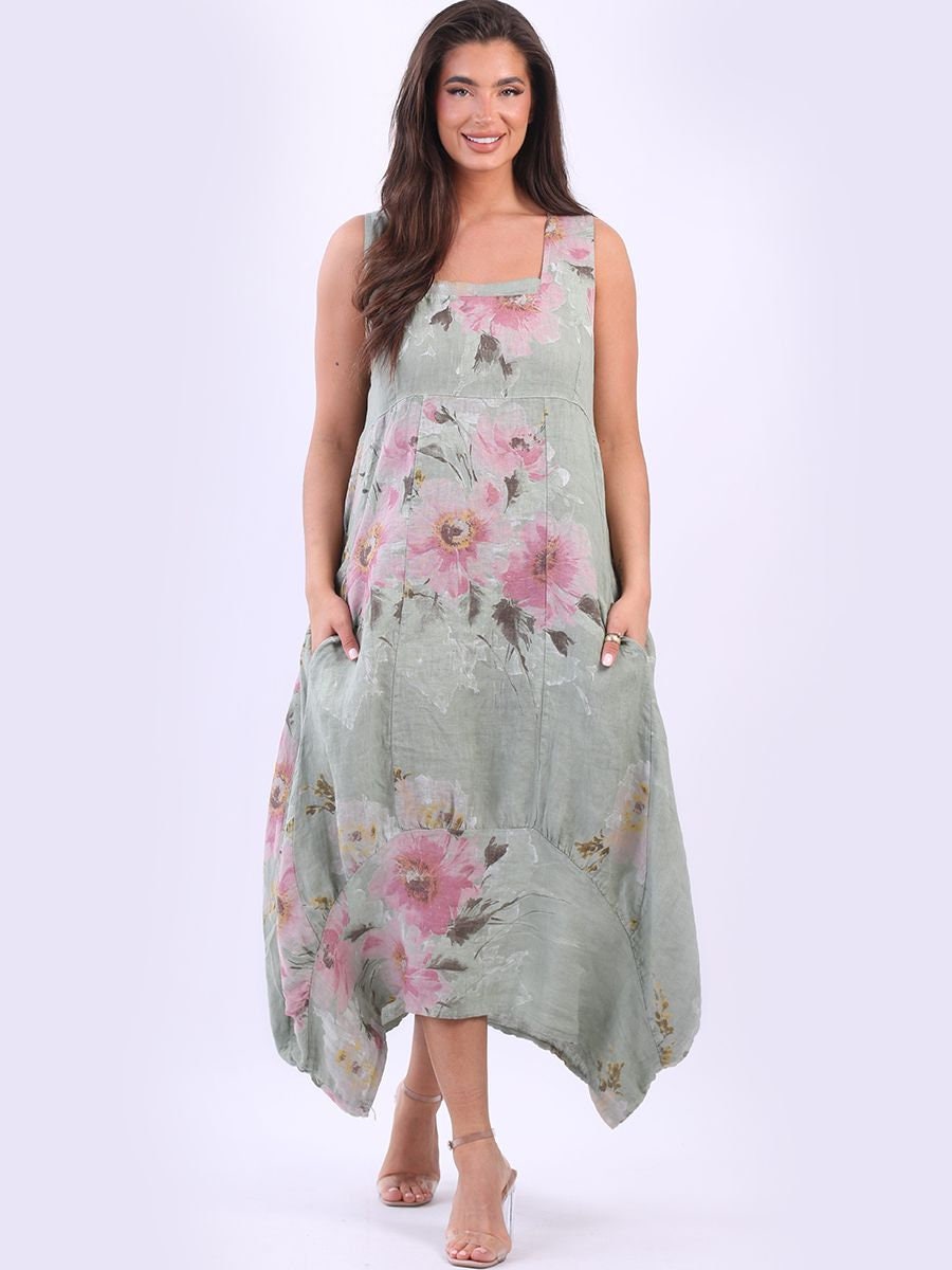 Italian Sleeveless Linen Lagenlook Floral Tank Dress.