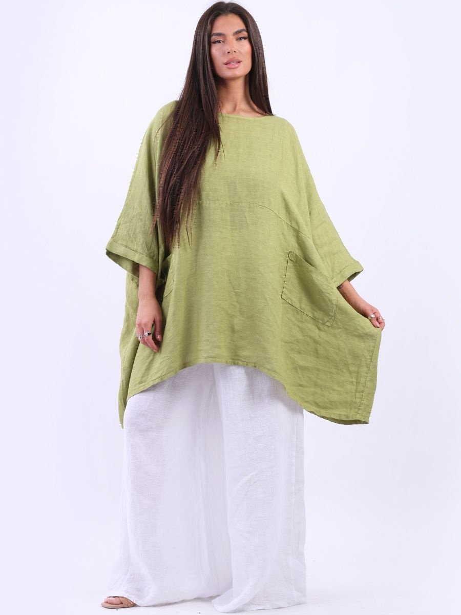 Plain Front Pockets Oversized Classy Top/Solid Linen Top.