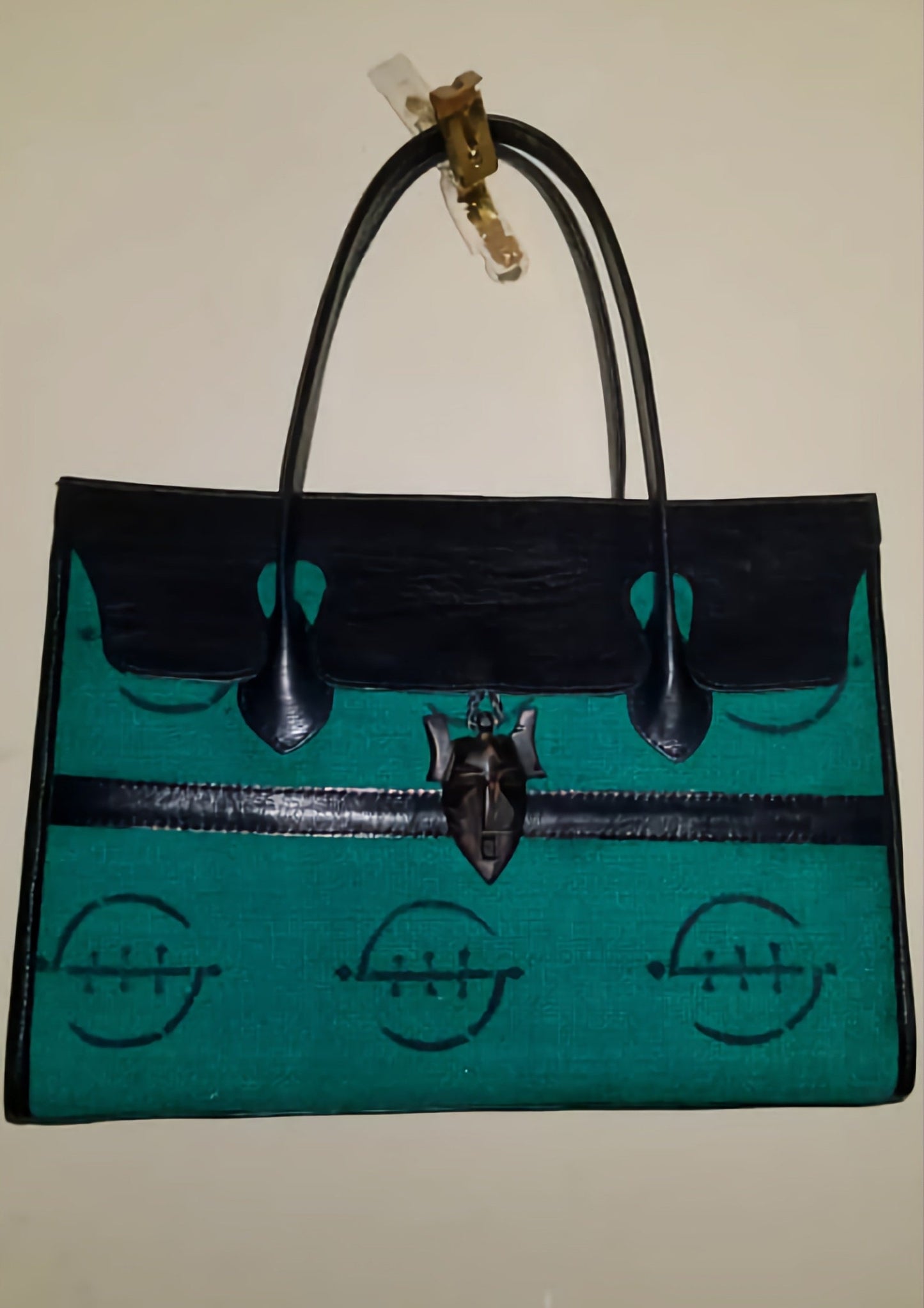 Mudcloth Leather Tote Purse/Leather handbag. H 11"× L 13" x W 7"