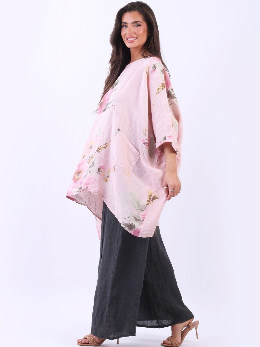Italian Floral Print Linen Lagenlook Slouchy Top