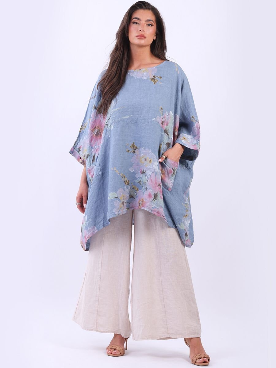Italian Floral Print Linen Lagenlook Slouchy Top