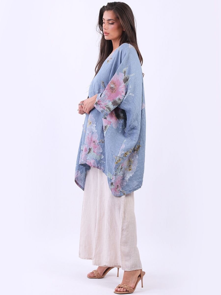 Italian Floral Print Linen Lagenlook Slouchy Top
