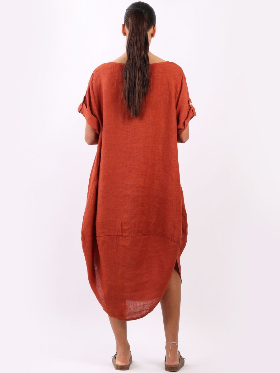 Minala Plain Linen Round Hem Lagenlook Dress.