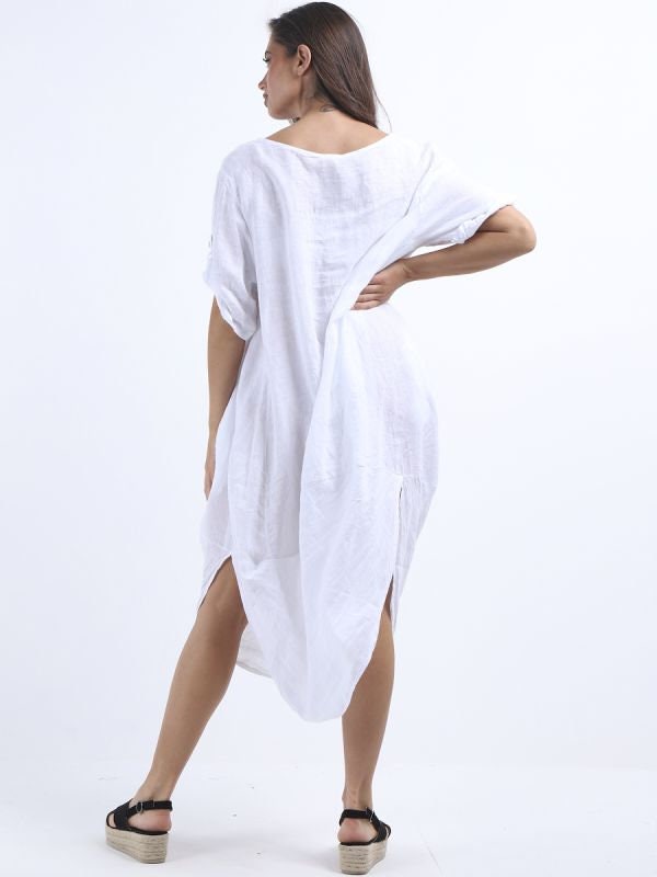 Minala Plain Linen Round Hem Lagenlook Dress.