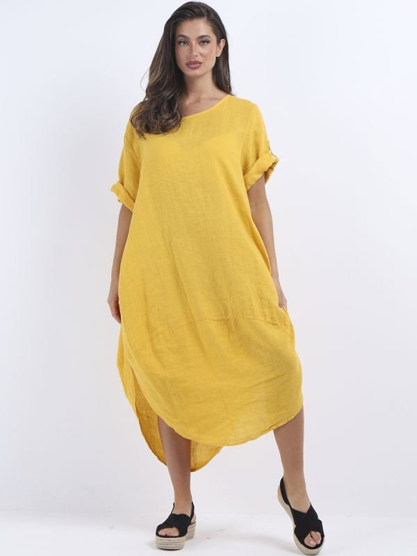 Minala Plain Linen Round Hem Lagenlook Dress.