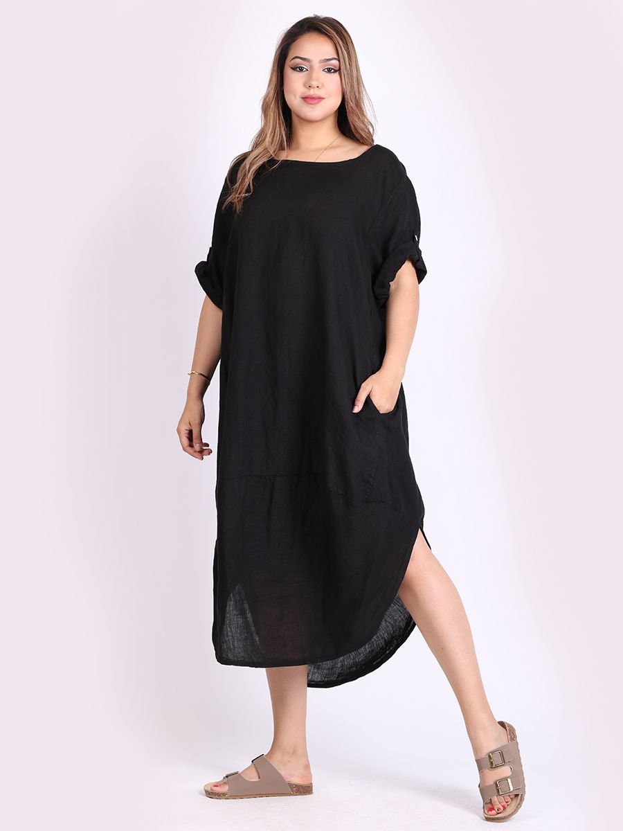 Minala Plain Linen Round Hem Lagenlook Dress.