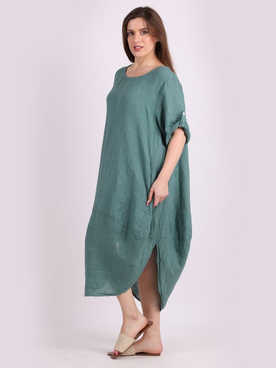 Minala Plain Linen Round Hem Lagenlook Dress.