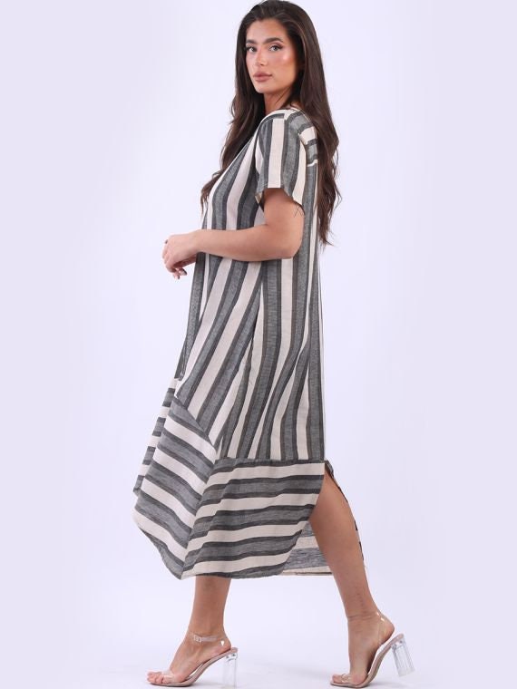 Made In Italy Dipped Hem Linen Lagenlook Stripe Dress.
