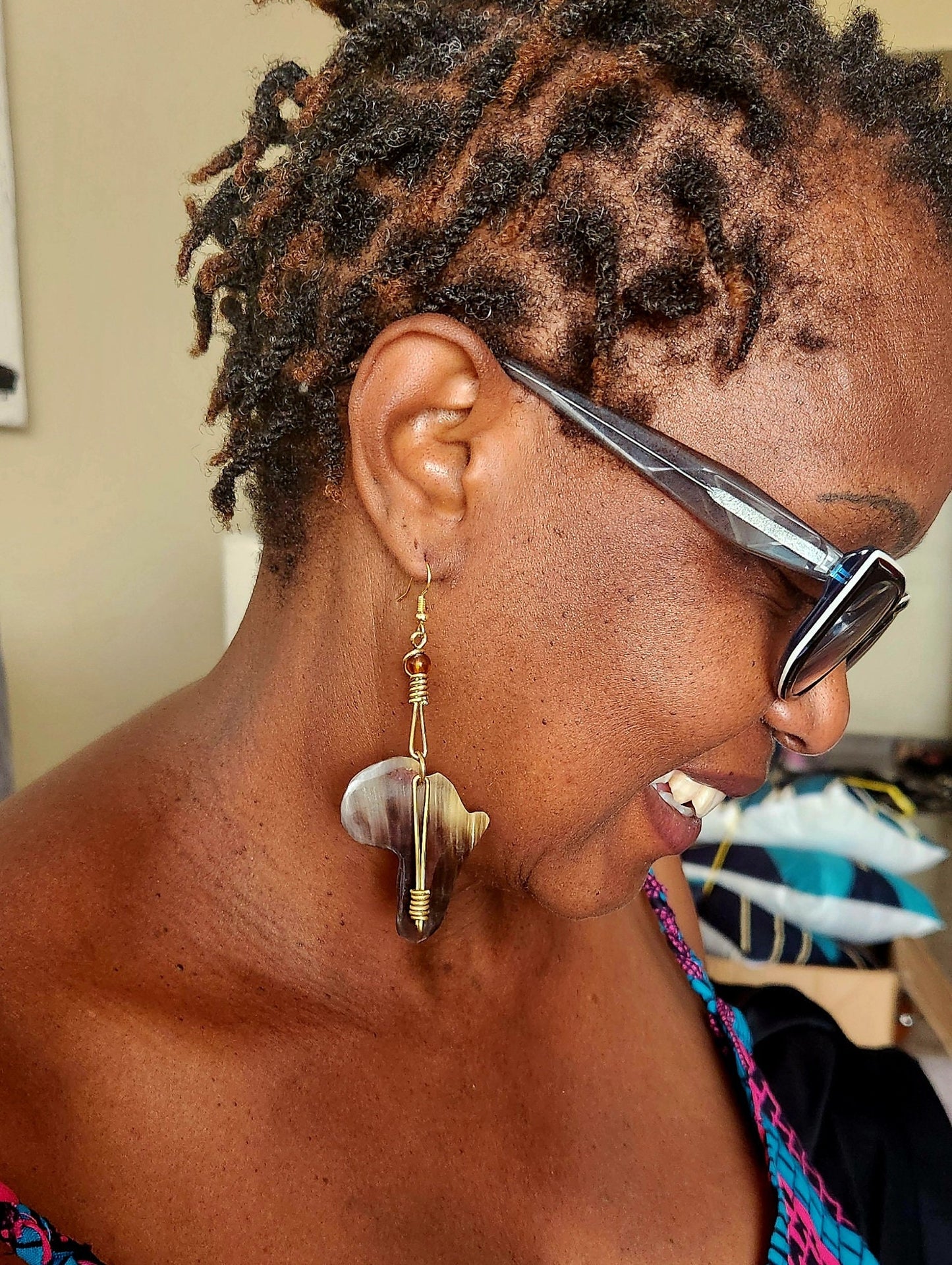 Africa Continent Horn Earrings/African map bone and horn earrings handmade jewelry.