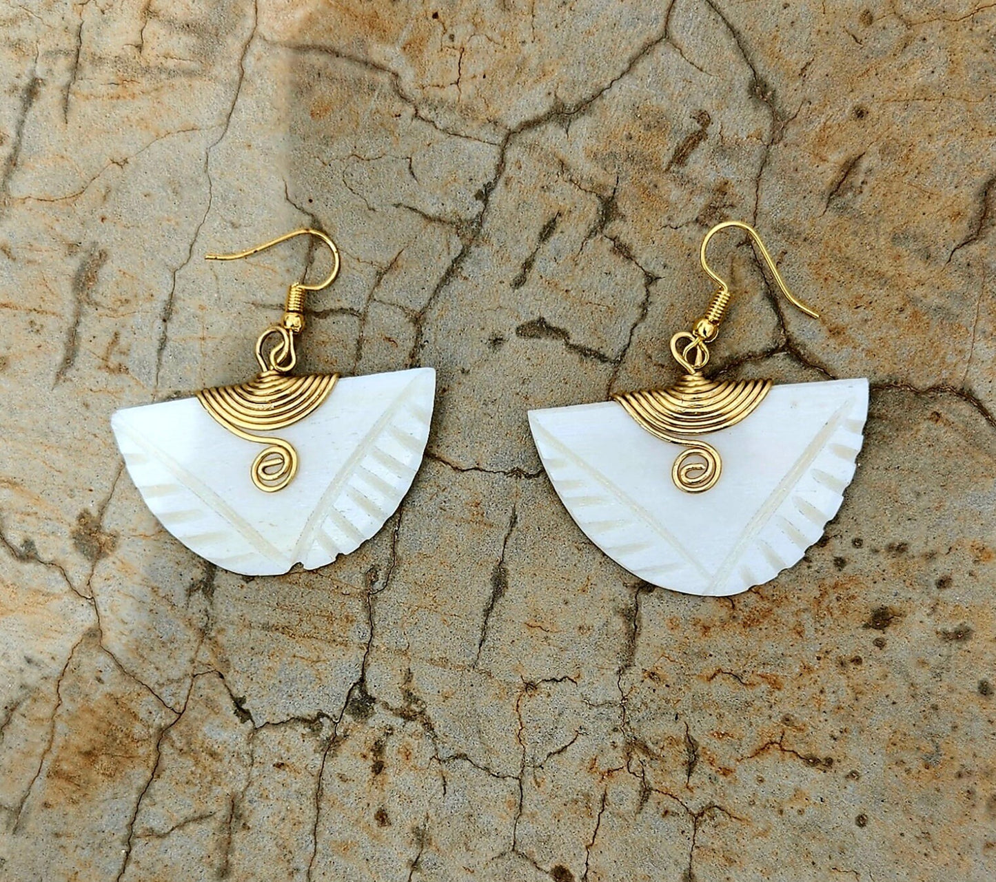 African inspired bone earrings/Hald Moon Bone Earrings/Ethnic jewelry 2"x1.5".