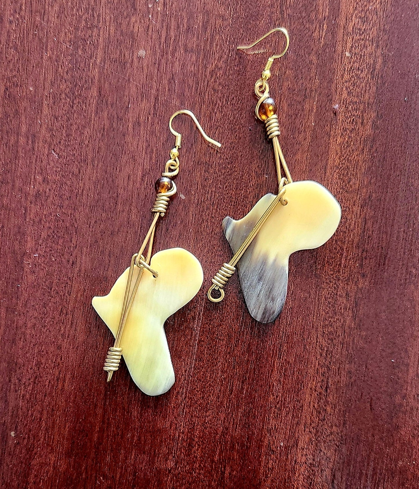 Africa Continent Horn Earrings/African map bone and horn earrings handmade jewelry.
