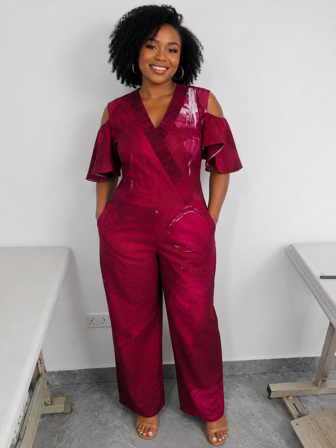 Cotton Splash Wide-Leg Jumpsuit with Back Zipper