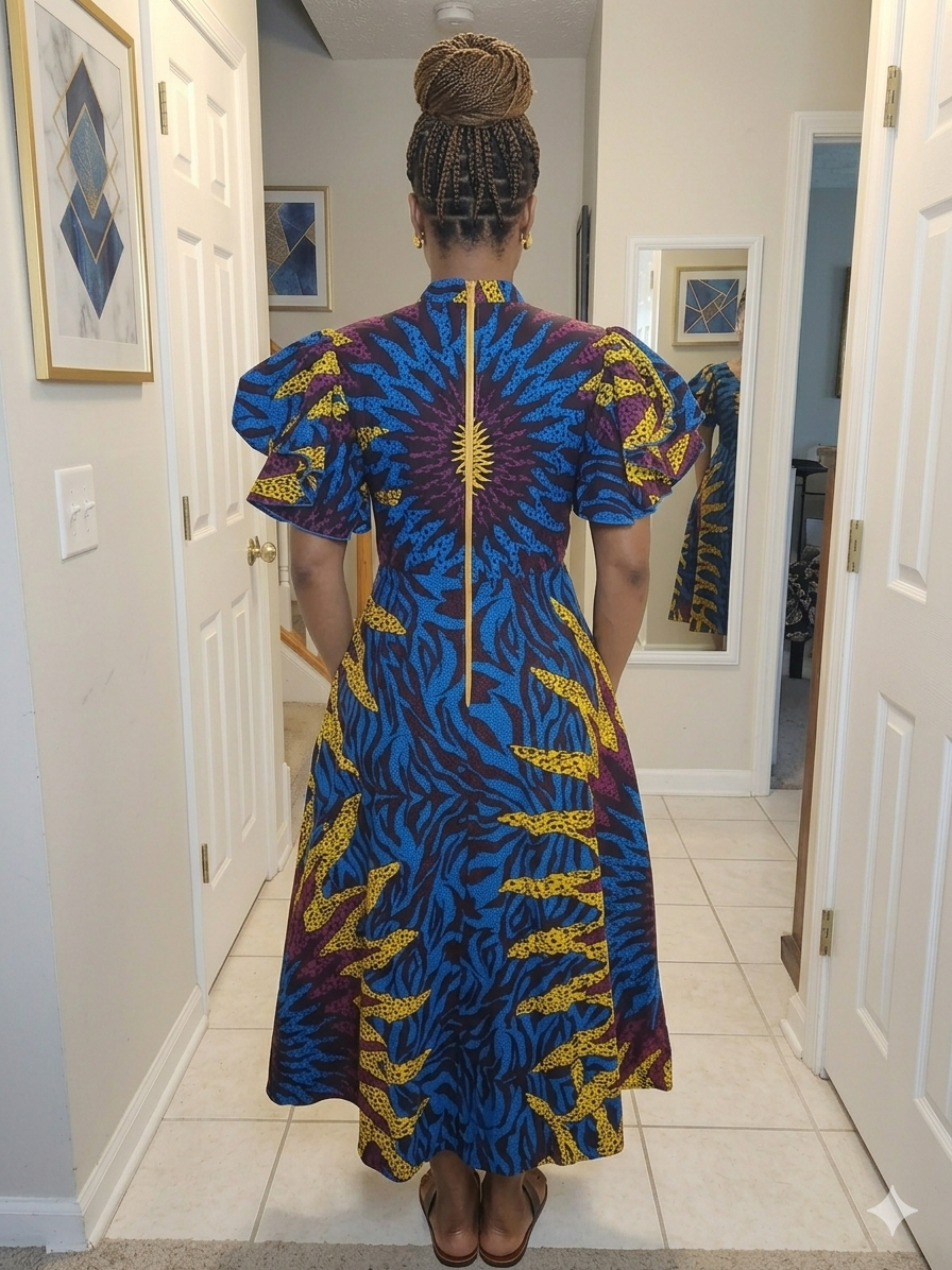 Ankara African Print Sunflower Maxi Dress/Fitted Dress with a back zipper.