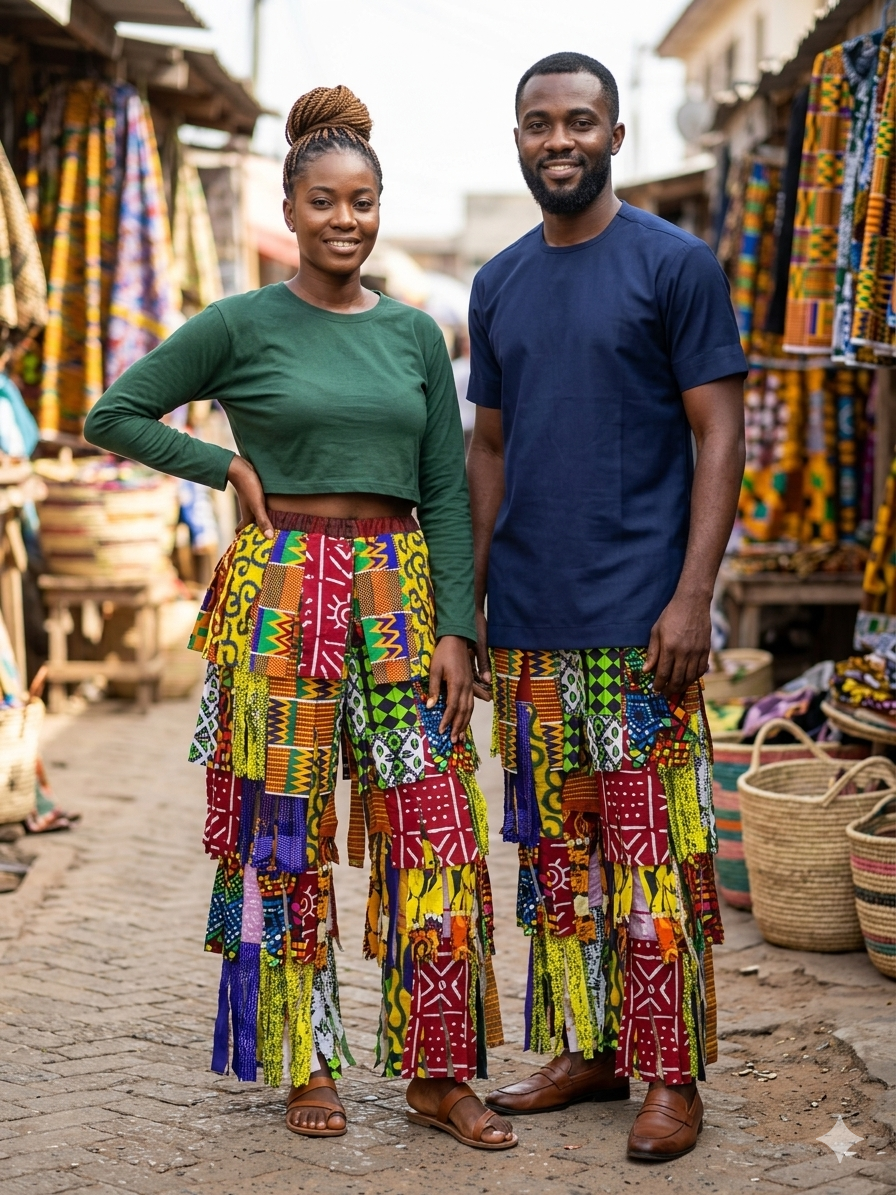Vibrant Kente-Patchwork Tiered Fringe Pants/Unisex