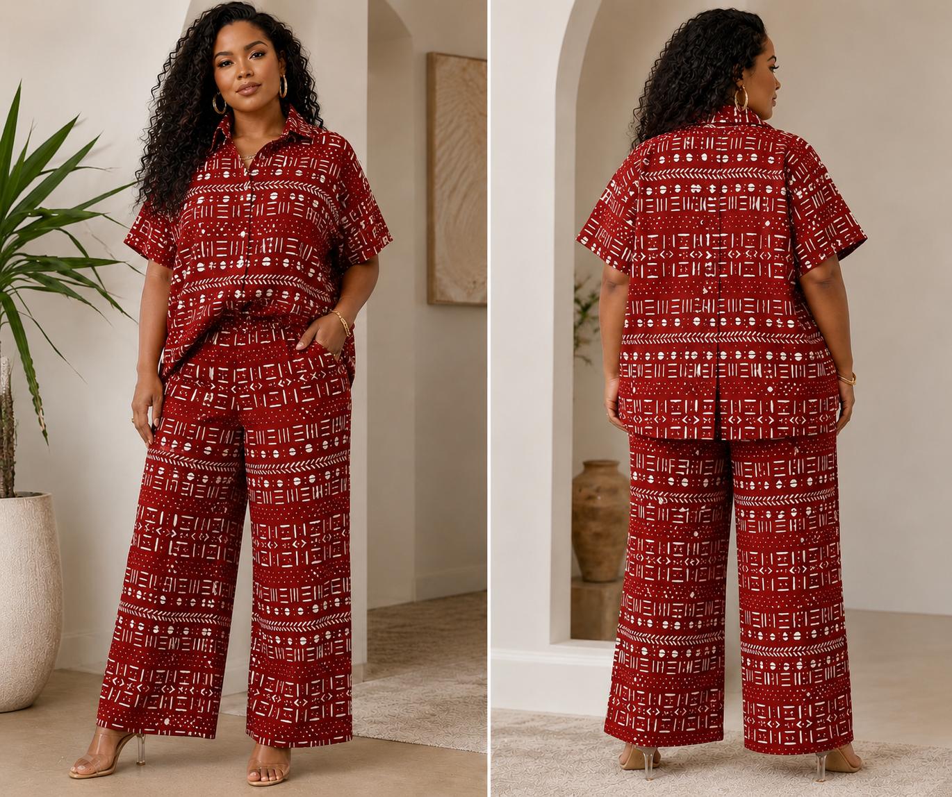 Two-Piece Cotton Set – Wide-Leg Pants & Button-Down Shirt