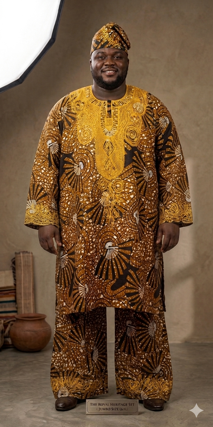 The Royal Heritage Embroidered 3-Piece Set – Jumbo Size (6XL) with Kufi 6XL/7XL/8XL/ African Man Suit.