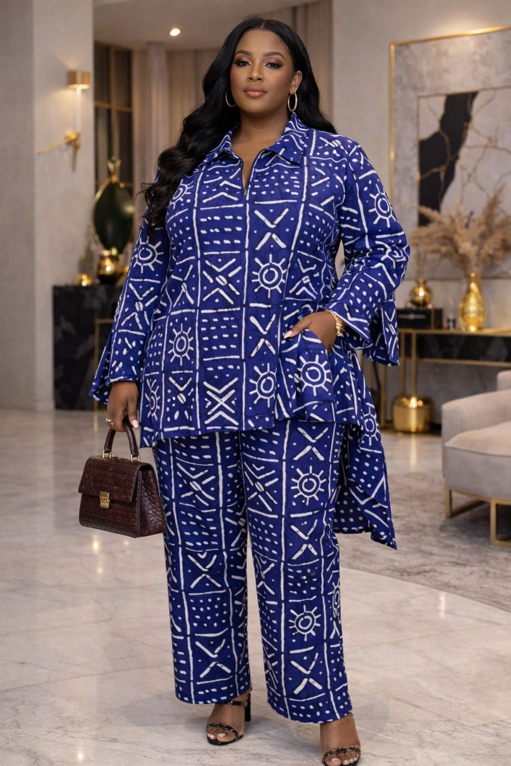 Bold Plus-size Two-Piece wide-leg pants set with an elegant Afro-luxe style.