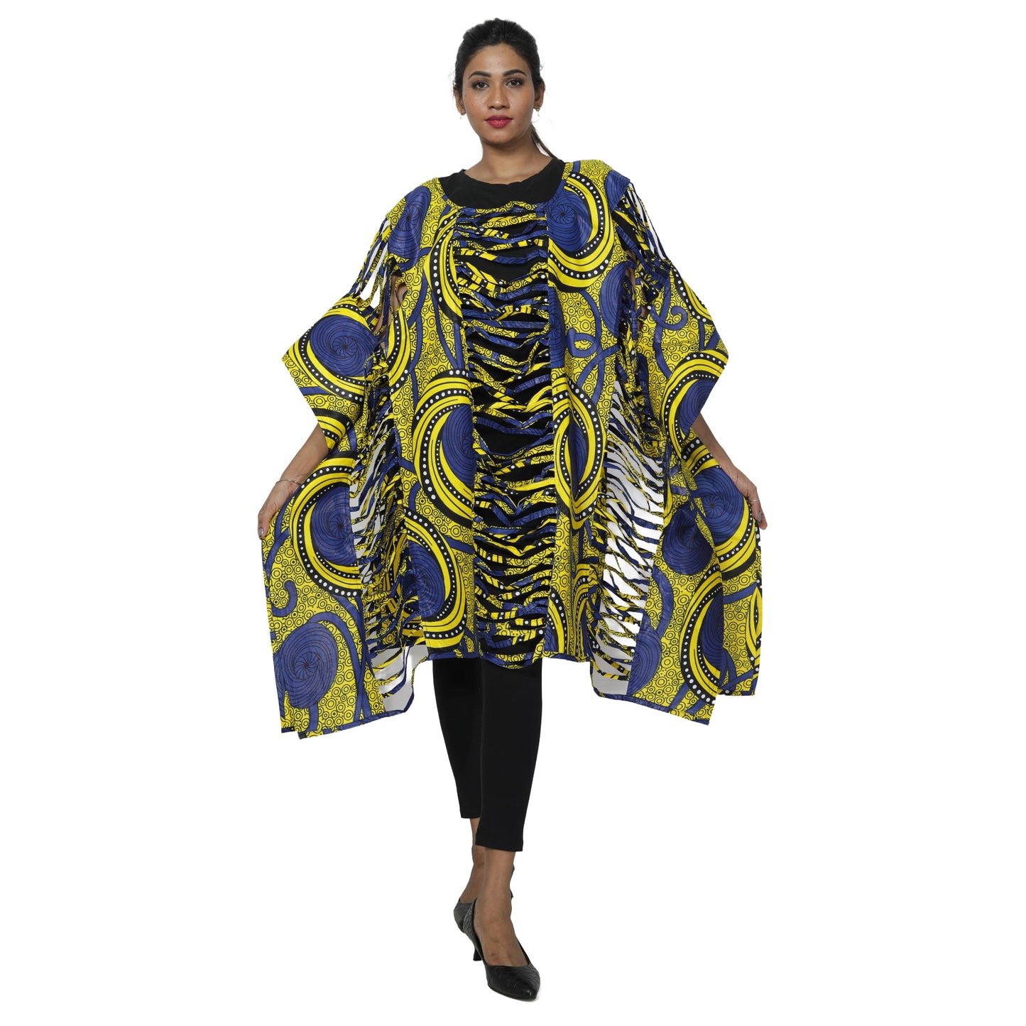 Woman wearing a colorful patterned dress on a white background