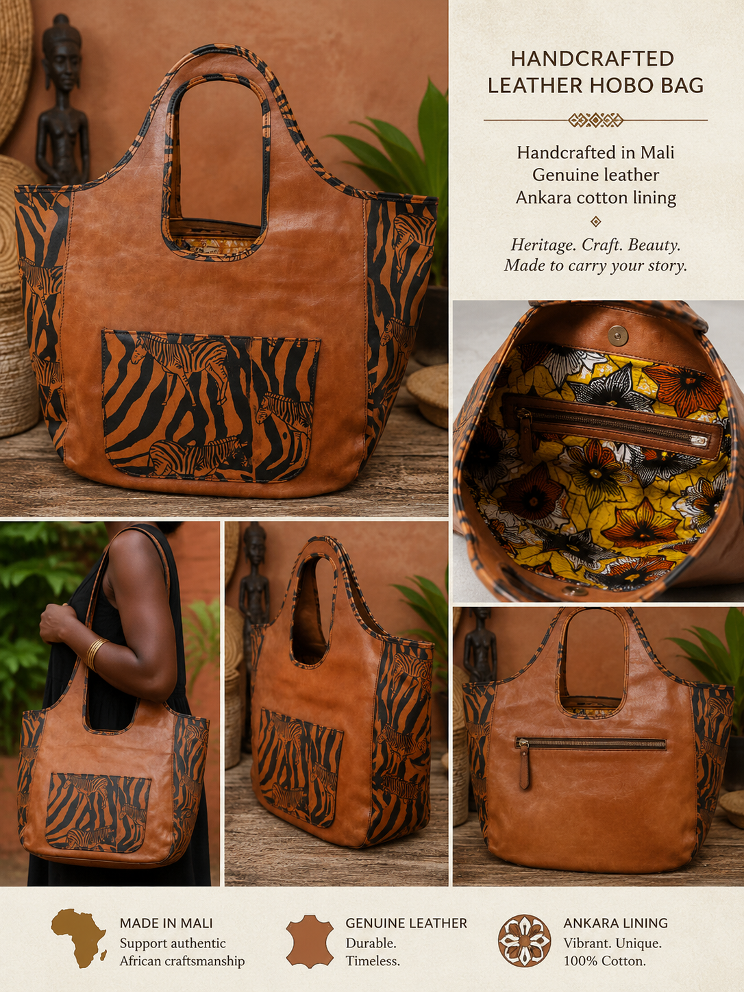 Mali Handcrafted Leather Hobo Bag with Ankara Cotton Accents