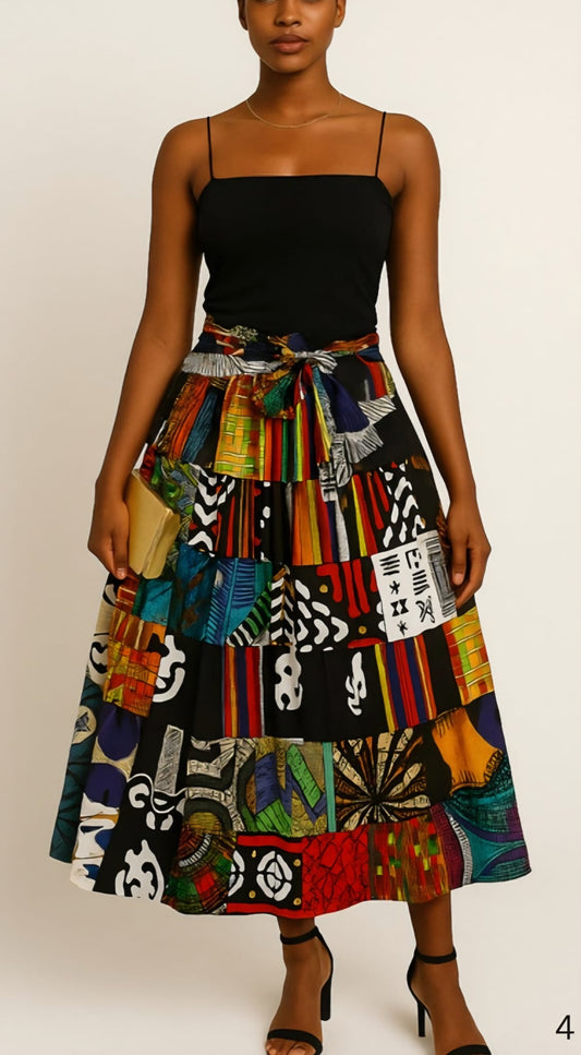 African Patchwork Maxi Skirt with Elastic Waist and Pockets/100% Cotton/Random Patch Skirts.