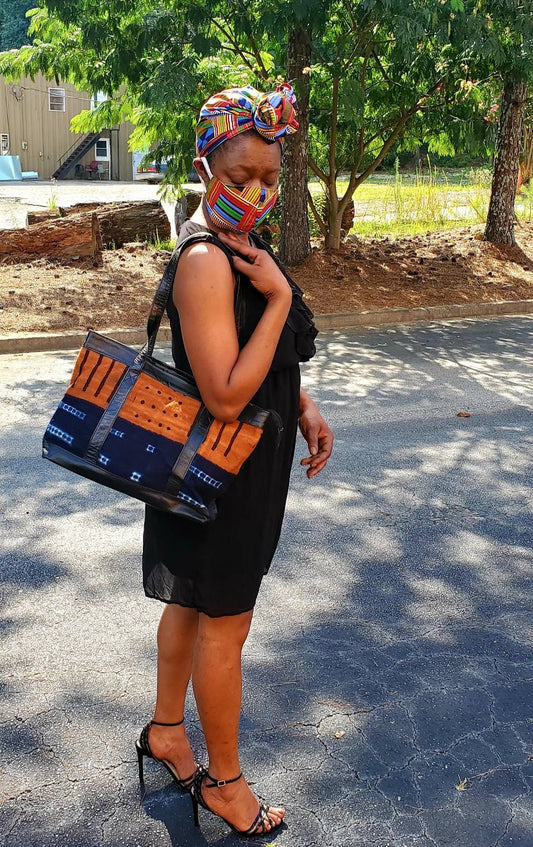 Handmade Mudcloth Leather Tote, made in Mali.