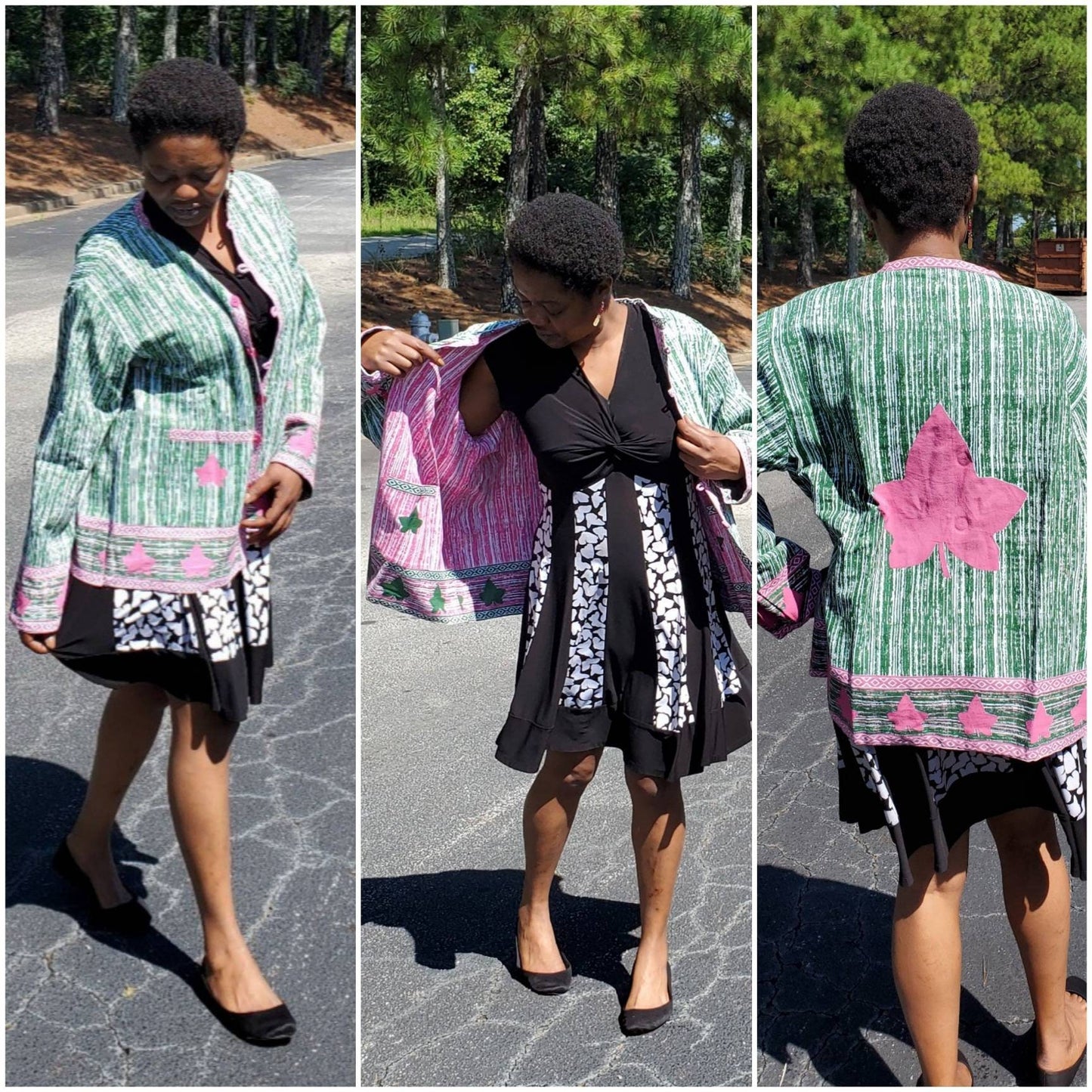 AKA Sorority Jacket Reversible, African Mudcloth Print/Pink & Green Coat/Belma Brand.