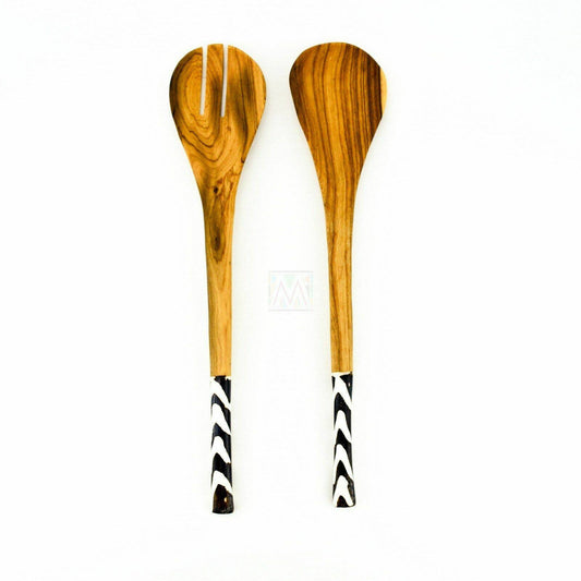 Olive Wood Salad Servers with bone inlay- Black/White