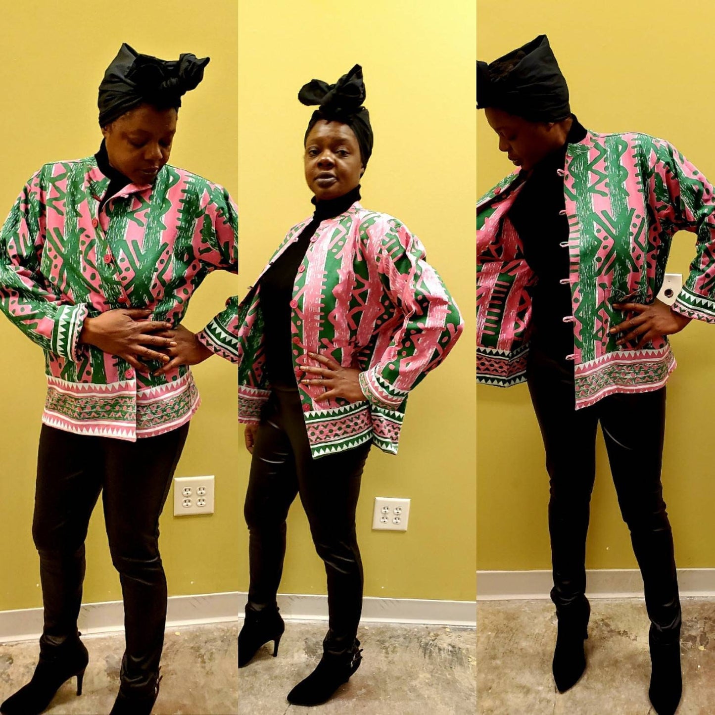 AKA Sorority Jacket Reversible, African Mudcloth Print/Pink & Green Coat/Belma Brand.