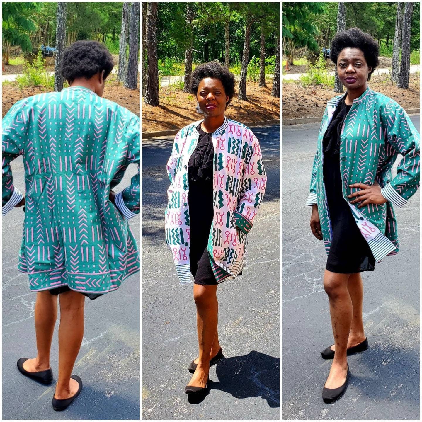 AKA Sorority Jacket Reversible, African Mudcloth Print/Pink & Green Coat/Belma Brand.