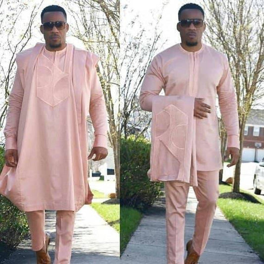 Light Pink African Men Suit/ Agbada 3pc Wedding Suit/Graduations/Parties/Nigerian Mens fashion.