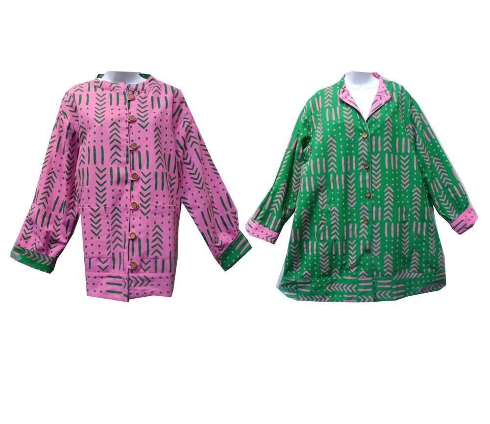 AKA Sorority Jacket Reversible, African Mudcloth Print/Pink & Green Coat/Belma Brand.