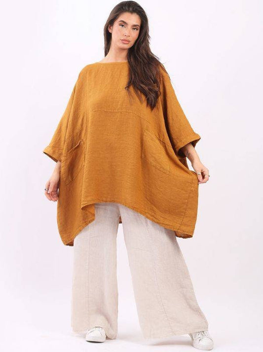 Plain Front Pockets Oversized Classy Top/Solid Linen Top.